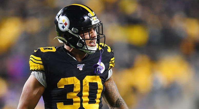 James Conner #30 of the Pittsburgh Steelers reacts after a first down James Conner #30 of the Pittsburgh Steelers reacts after a first down