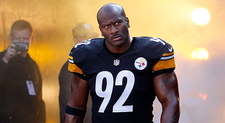 James Harrison #92 of the Pittsburgh Steelers walks onto the field before the start of a game James Harrison #92 of the Pittsburgh Steelers walks onto the field before the start of a game