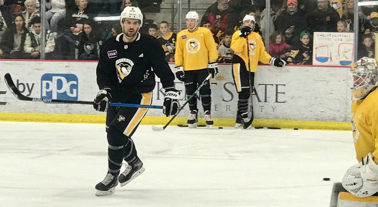 Penguins defenseman Justin Schultz at practice in January 2020
