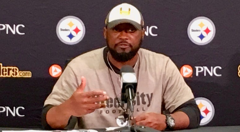 Steelers coach Mike Tomlin during a training camp press conference in 2018