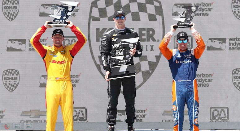 Ryan Hunter Reay, Josef Newgarden And Scott Dixon On Podium At Road America Josef Newgarden, Ryan Hunter-Reay And Scott Dixon