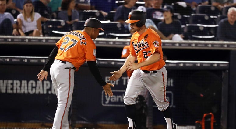 Tampa, FL, USA; Baltimore Orioles major catcher Andrew Susac (27) is congratulated by major league coach Jose Hernandez (27) as he hits a home run during the third inning against the New York Yankees at George M. Steinbrenner Field