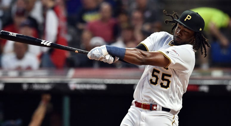 Pittsburgh Pirates first baseman Josh Bell (55) during the first round in the 2019 MLB Home Run Derby at Progressive Field. Pittsburgh Pirates first baseman Josh Bell (55) during the first round in the 2019 MLB Home Run Derby at Progressive Field.