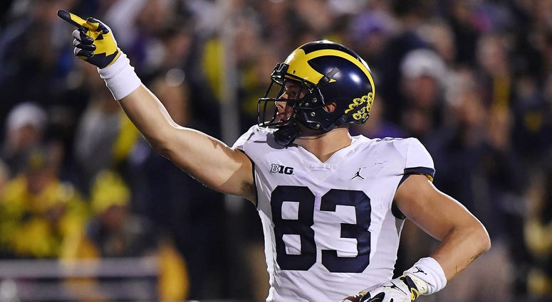 Michigan Wolverines tight end Zach Gentry (83) reacts after getting a first down against the Northwestern Wildcats at Ryan Field.