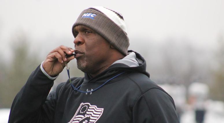 Robert Morris football coach Bernard Clark in a 2018 practice