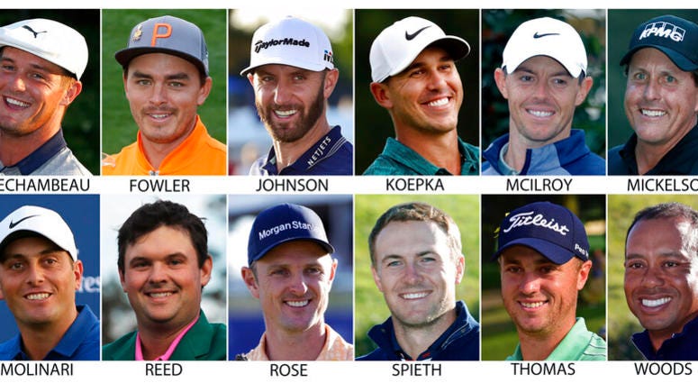 Bryson DeChambeau, Rickie Fowler, Dustin Johnson, Brooks Koepka, Rory McIlroy, Phil Mickelson, Francesco Molinari, Patrick Reed, Justin Rose, Jordan Spieth, Justin Thomas and Tiger Woods. AP DO NOT USE