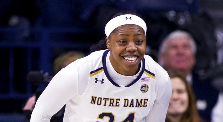 Notre Dame's Arike Ogunbowale runs downcourt after making a 3-pointer during an NCAA college basketball game against Duke in South Bend, Ind. Notre Dame's Arike Ogunbowale runs downcourt after making a 3-pointer during an NCAA college basketball game against Duke in South Bend, Ind.