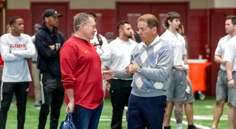 New England Patriots head coach Bill Belichick, left, talks with Alabama football coach Nick Saban at Alabama's NFL Pro Day, Tuesday, March 19, 2019, in Tuscaloosa, Ala New England Patriots head coach Bill Belichick, left, talks with Alabama football coach Nick Saban at Alabama's NFL Pro Day, Tuesday, March 19, 2019, in Tuscaloosa, Ala