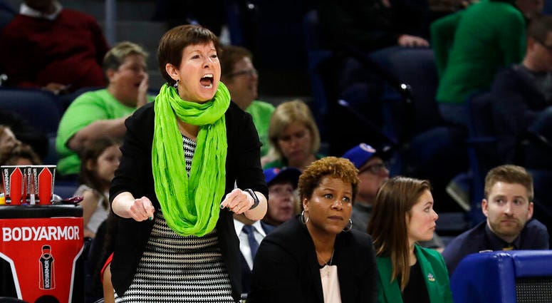 Notre Dame head coach Muffet McGraw yells during the first half of a regional semifinal game against the Texas A&M in the NCAA women's college basketball tournament, Saturday, March 30, 2019, in Chicago. Notre Dame head coach Muffet McGraw yells during the first half of a regional semifinal game against the Texas A&M in the NCAA women's college basketball tournament, Saturday, March 30, 2019, in Chicago.