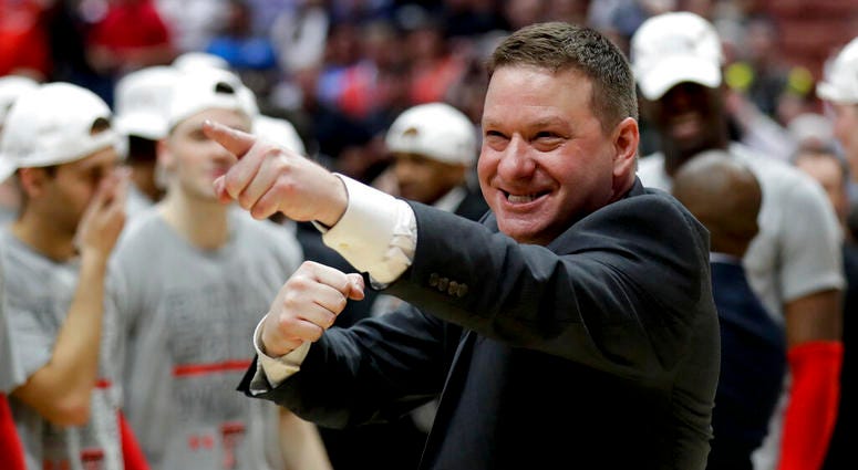 Texas Tech head coach Chris Beard celebrates after the team's win against Gonzaga during the West Regional final in the NCAA men's college basketball tournament Saturday, March 30, 2019, in Anaheim, Calif. Texas Tech won 75-69. Texas Tech head coach Chris Beard celebrates after the team's win against Gonzaga during the West Regional final in the NCAA men's college basketball tournament Saturday, March 30, 2019, in Anaheim, Calif. Texas Tech won 75-69.