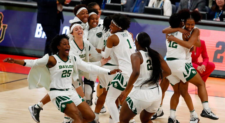 Baylor players celebrate their 72-67 win over Oregon during a Final Four semifinal of the NCAA women’s college basketball tournament Friday, April 5, 2019, in Tampa, Fla. Baylor players celebrate their 72-67 win over Oregon during a Final Four semifinal of the NCAA women’s college basketball tournament Friday, April 5, 2019, in Tampa, Fla.