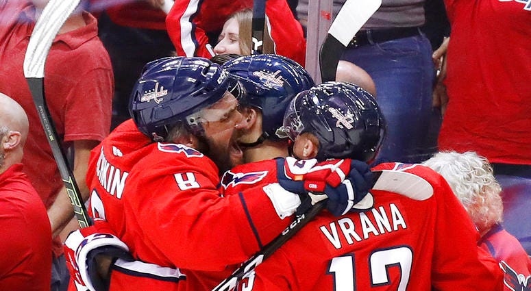 Washington Capitals forward Alex Ovechkin, left, of Russia, and Washington Capitals forward Jakub Vrana, right, of the Czech Republic, celebrate one of their team's goals against the Vegas Golden Knights DO NOT USE