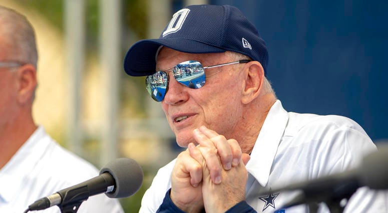 Dallas Cowboys owner Jerry Jones takes questions during the "state of the team" press conference at the start of the team's NFL training camp, Wednesday, July 25, 2018, in Oxnard, Calif. DO NOT USE