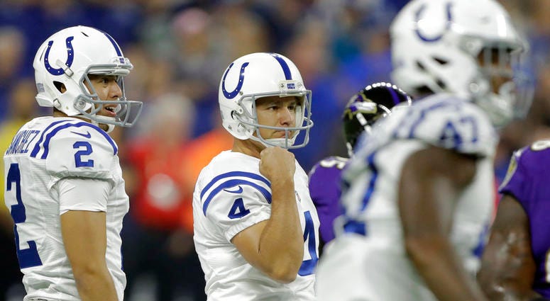 ndianapolis Colts kicker Adam Vinatieri (4) reacts to making a field goal against the Baltimore Ravens in the first half of an NFL preseason football game in Indianapolis, DO NOT USE
