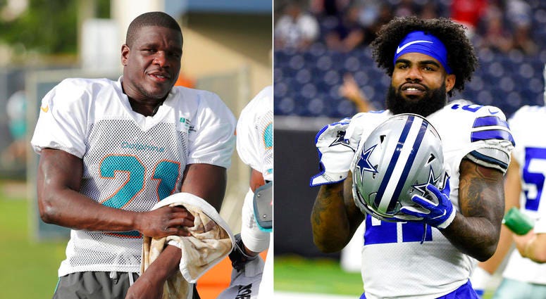 At left, in a July 30, 2018, file photo, Miami Dolphins running back Frank Gore towels off at the NFL football team's training camp, in Davie, Fla. At right, in an Aug. 30, 2018, file photo, Dallas Cowboys running back Ezekiel Elliott (21) warms up before DO NOT USE