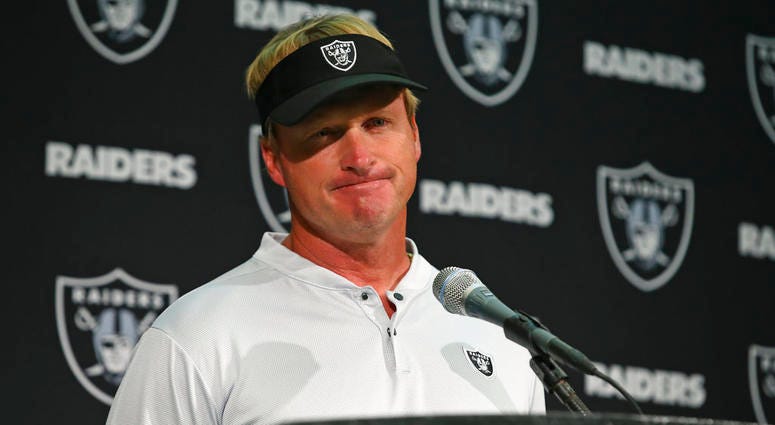 Oakland Raiders head coach Jon Gruden answers questions during a news conference after an NFL football game against the Los Angeles Rams in Oakland, Calif., Monday, Sept. 10, 2018. Los Angeles won the game 33-13. DO NOT USE