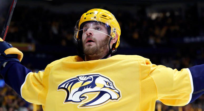 E - In this March 8, 2018 file photo Nashville Predators left wing Austin Watson celebrates after scoring a goal against the Anaheim Ducks DO NOT USE