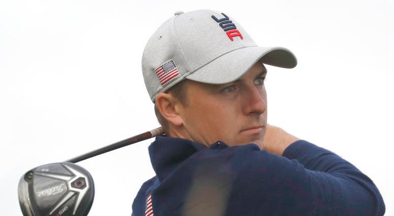Jordan Spieth of the US watches his shot during his foursome match with Justin Thomas on the opening day of the 42nd Ryder Cup DO NOT USE