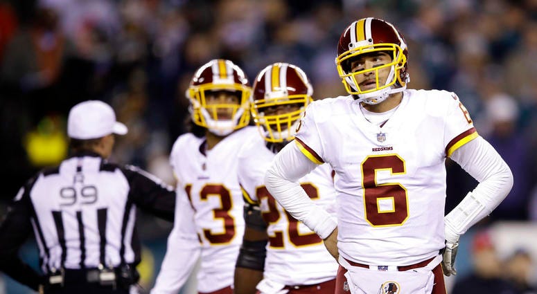 Washington Redskins' Mark Sanchez reacts during the second half of an NFL football game against the Philadelphia Eagles, Monday, Dec. 3, 2018, in Philadelphia. DO NOT USE
