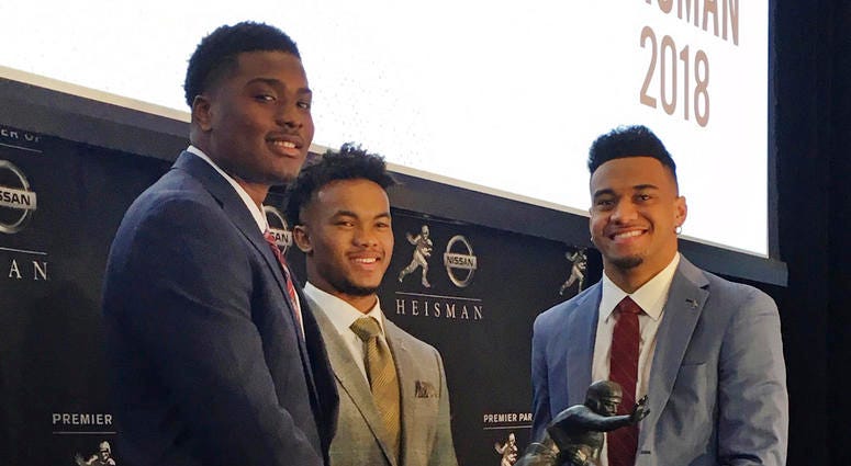 Heisman Trophy finalists, from left, Dwayne Haskins, from Ohio State, Kyler Murray, of Oklahoma, and Tua Tagovailoa, from Alabama Heisman Trophy finalists, from left, Dwayne Haskins, from Ohio State, Kyler Murray, of Oklahoma, and Tua Tagovailoa, from Alabama