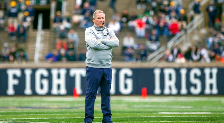 Notre Dame head coach Brian Kelly watches during the Notre Dame Blue-Gold Spring college football game in South Bend, Ind. Brian Kelly is The Associated Press college football Coach of the Year, Monday, Dec. 17, 2018, DO NOT USE