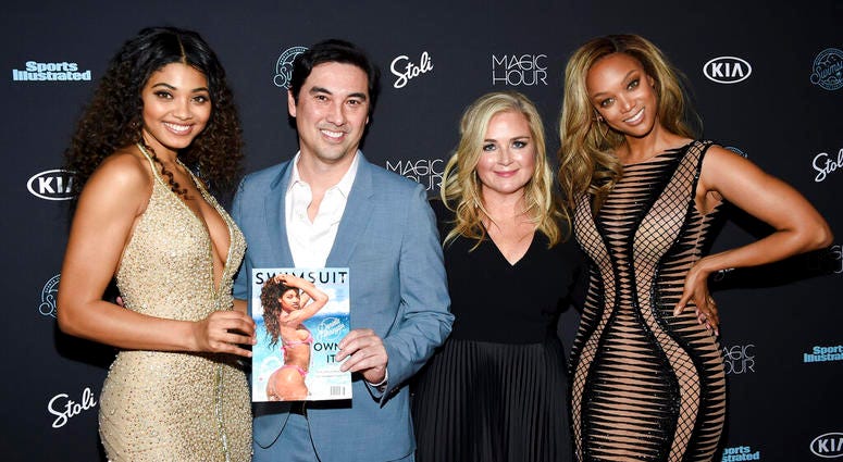 model Danielle Herrington, from left, Sports Illustrated editor-in-chief Chris Stone, S.I. Swimsuit editor MJ Day, and model Tyra Banks attend the 2018 Sports Illustrated Swimsuit Issue launch party in New York. AP DO NOT USE