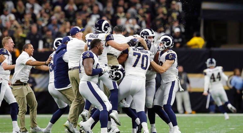 Los Angeles Rams celebrate after overtime of the NFL football NFC championship game against the New Orleans Saints Los Angeles Rams celebrate after overtime of the NFL football NFC championship game against the New Orleans Saints