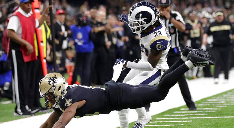 New Orleans Saints wide receiver Tommylee Lewis (11) works for a coach against Los Angeles Rams defensive back Nickell Robey-Coleman AP DO NOT USE