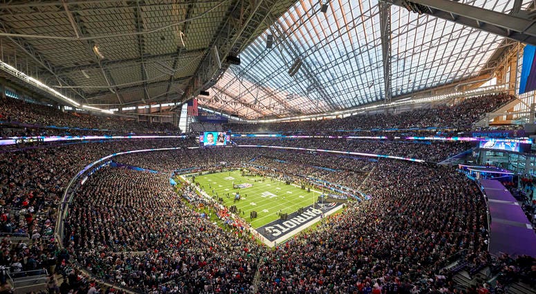 U.S. Bank Stadium during the pregame of the NFL Super Bowl 52 football game, in Minneapolis. AP DO NOT USE