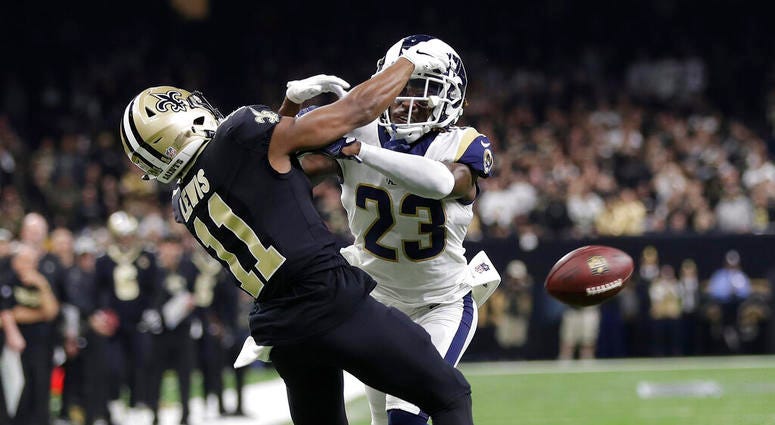 Los Angeles Rams' Nickell Robey-Coleman breaks up a pass intended for New Orleans Saints' Tommylee Lewis Los Angeles Rams' Nickell Robey-Coleman breaks up a pass intended for New Orleans Saints' Tommylee Lewis