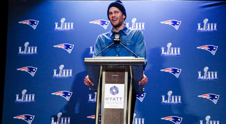 New England Patriots quarterback Tom Brady speaks with members of the media during a news conference Thursday, Jan. 31, 2019 DO NOT USE