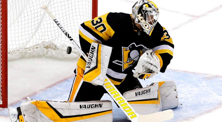 A shot by Carolina Hurricanes' Jordan Martinook gets past Pittsburgh Penguins goaltender Matt Murray for a goal during the first period of an NHL hockey game in Pittsburgh, Tuesday, Feb. 5, 2019 A shot by Carolina Hurricanes' Jordan Martinook gets past Pittsburgh Penguins goaltender Matt Murray for a goal during the first period of an NHL hockey game in Pittsburgh, Tuesday, Feb. 5, 2019