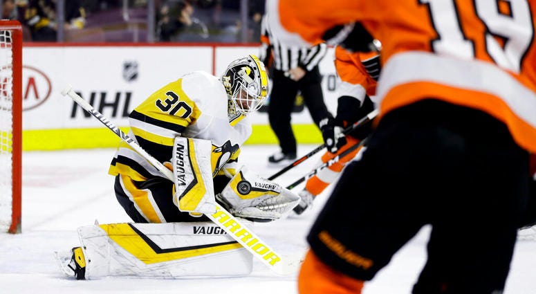 Pittsburgh Penguins' Matt Murray (30) blocks a shot during the second period of an NHL hockey game against the Philadelphia Flyers, Monday, Feb. 11, 2019, in Philadelphia Pittsburgh Penguins' Matt Murray (30) blocks a shot during the second period of an NHL hockey game against the Philadelphia Flyers, Monday, Feb. 11, 2019, in Philadelphia