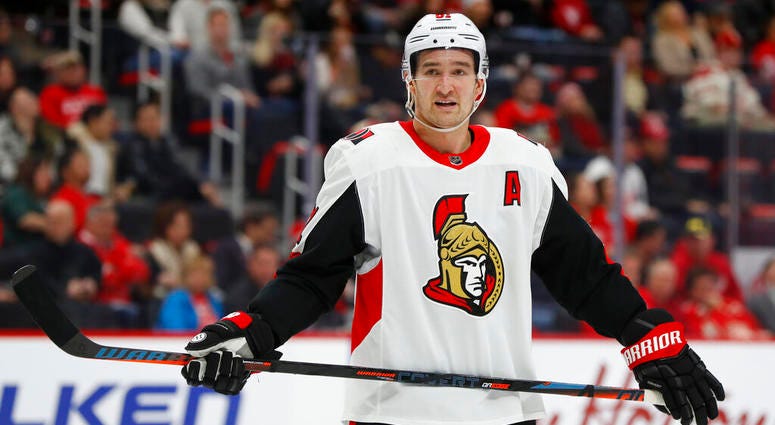 n this Friday, Dec. 14, 2018 file photo, Ottawa Senators right wing Mark Stone plays against the Detroit Red Wings in the third period of an NHL hockey game in Detroit. AP DO NOT USE