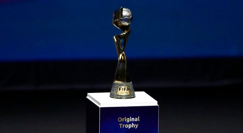 the Women's World Cup trophy is displayed at the women's soccer 2019 World Cup draw, in Boulogne-Billancourt, outside Paris. AP DO NOT USE