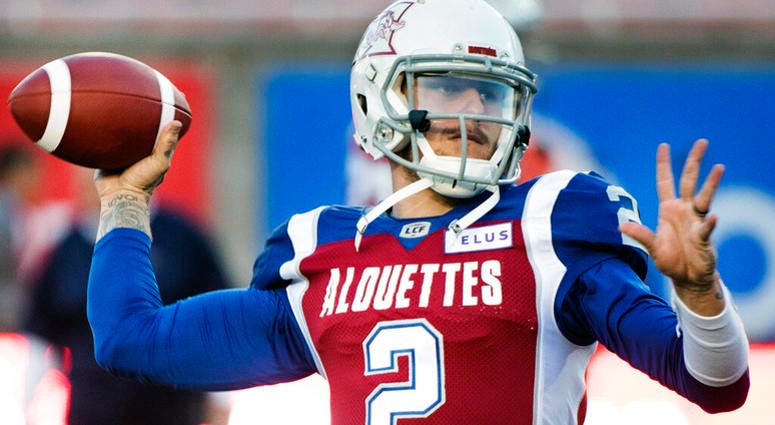 In this Friday, Sept. 14, 2018 file photo, Montreal Alouettes quarterback Johnny Manziel throws a pass during warmups before a CFL football game against the BC Lions in Montreal. DO NOT USE