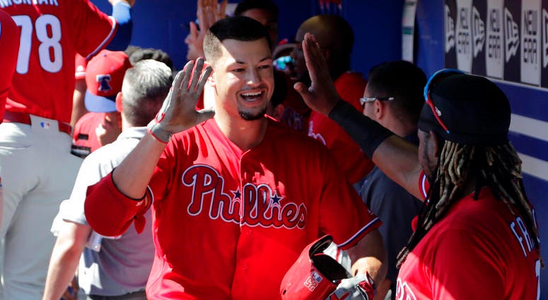 Philadelphia Phillies' Dylan Cozens, left, celebrates with Maikel Franco after hitting a three-run home run in the first inning of a spring training baseball game against the Toronto Blue Jays, Thursday, Feb. 28, 2019, in Dunedin Philadelphia Phillies' Dylan Cozens, left, celebrates with Maikel Franco after hitting a three-run home run in the first inning of a spring training baseball game against the Toronto Blue Jays, Thursday, Feb. 28, 2019, in Dunedin