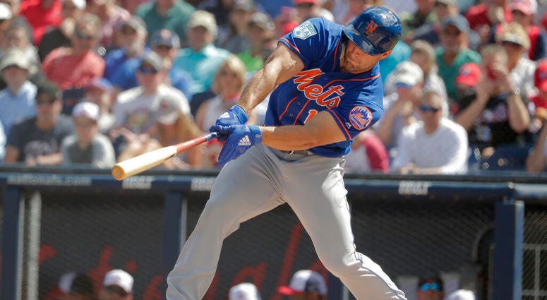 New York Mets' Tim Tebow (15) bats in the first inning during an exhibition spring training baseball game against the Washington Nationals, Thursday, March 7, 2019, in West Palm Beach, Fla. AP DO NOT USE