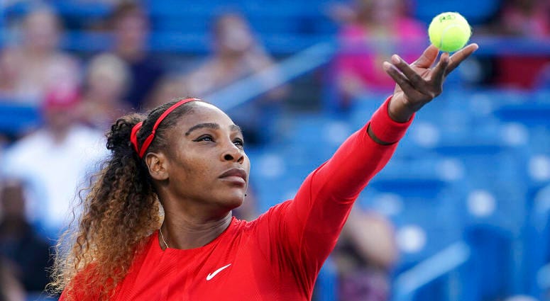 Serena Williams serves to Daria Gavrilova, of Australia, in the first round at the Western & Southern Open in Mason, Ohio. AP DO NOT USE