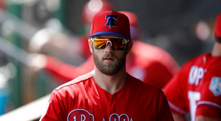 In this March 11, 2019 file photo Philadelphia Phillies right fielder Bryce Harper walks in the dugout before a spring training baseball game against the Tampa Bay Rays in Clearwater, Fla. AP DO NOT USE