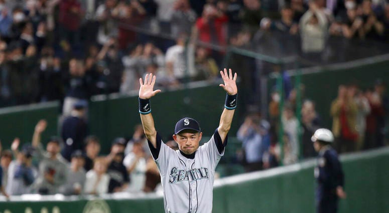 Seattle Mariners right fielder Ichiro Suzuki returns to the field for waiting fans after Game 2 of the Major League baseball opening series against the Oakland Athletics at Tokyo Dome in Tokyo, Thursday, March 21, 2019. AP DO NOT USE