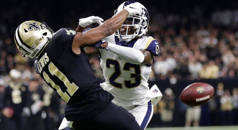 In this Jan. 20, 2019, file photo, Los Angeles Rams' Nickell Robey-Coleman breaks up a pass intended for New Orleans Saints' Tommylee Lewis during the second half of the NFL football NFC championship game in New Orleans. AP DO NOT USE