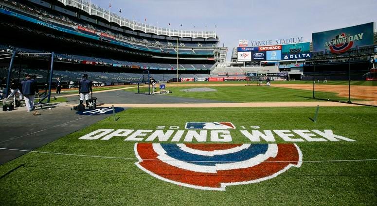 New York Yankees players take part in batting practice during a workout Wednesday, March 27, 2019, in New York. The Yankees host the Baltimore Orioles on opening day Thursday. AP DO NOT USE