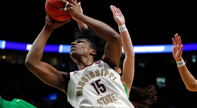 Mississippi State center Teaira McCowan drives to the basket against Oregon during the second half of a regional final in the NCAA women's college basketball tournament Sunday, March 31, 2019, in Portland, Ore. ap do not use