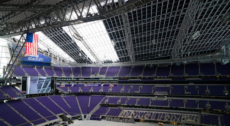 A portion of the rook is darkened with curtains as U.S. Bank Stadium in Minneapolis prepares for the NCAA college basketball Final Four, Tuesday, March 5, 2019. AP DO NOT USE