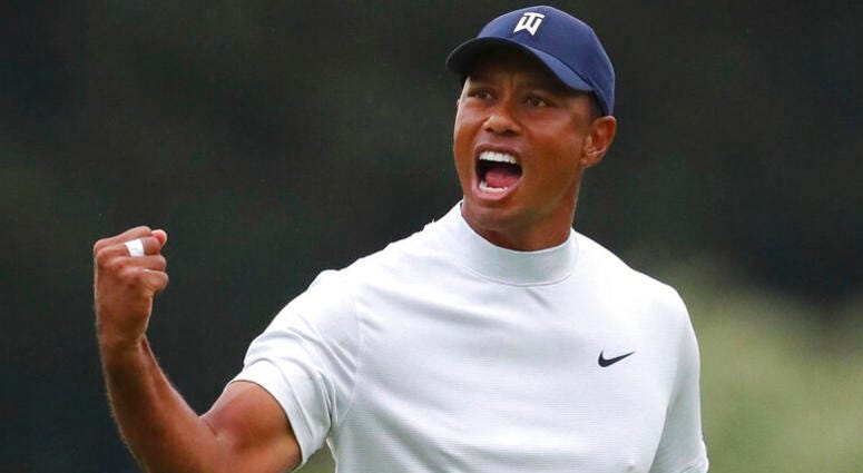 Tiger Woods reacts to his birdie putt on 15 during the second round of the Masters golf tournament Friday, April 12, 2019, at Augusta National Golf Club in Augusta, Ga. AP DO NOT USE