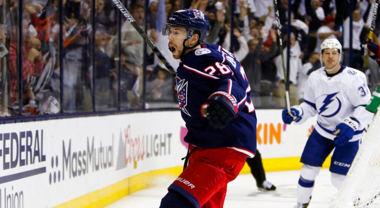 Columbus Blue Jackets' Oliver Bjorkstrand, of Denmark, celebrates his goal against the Tampa Bay Lightning during the second period of Game 4 of an NHL hockey first-round playoff series, Tuesday, April 16, 2019, in Columbus, Ohio. ap do not use