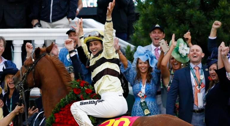 Flavien Prat celebrates after riding Country House to victory during the 145th running of the Kentucky Derby horse race at Churchill Downs Saturday, May 4, 2019, in Louisville, Ky. AP DO NOT USE
