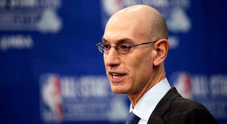In this Feb. 16, 2019, file photo, NBA Commissioner Adam Silver speaks during the NBA All-Star festivities in Charlotte, N.C. Silver said Thursday, May 9, 2019, the he wants half of all new referees joining the league to be women, and he would like to see AP DO NOT USE