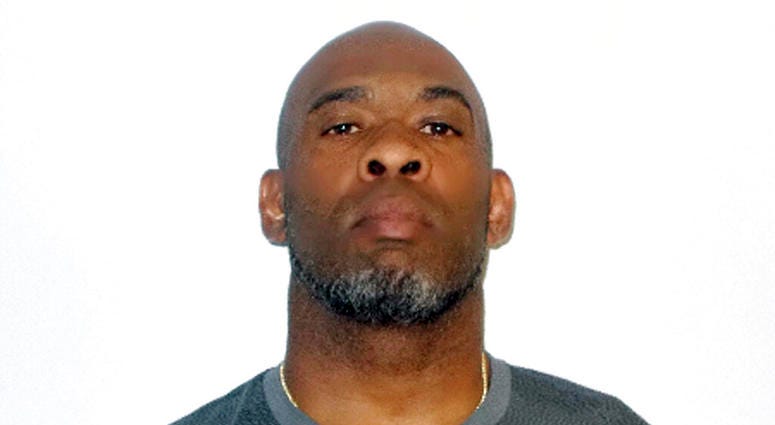 This booking photo released Monday, May 13, 2019, by the Concord Police Department shows Greg Spires, a former NFL football player accused of violating a protective order in Concord, N.H. AP DO NOT USE